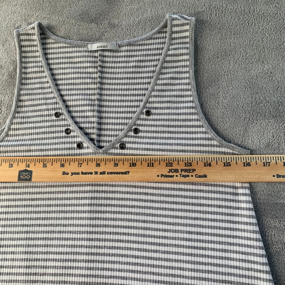 Striped Tank Top V-Neck Gray White Sleeveless Casual Cute Layered Hem Rib Knit S - Picture 5 of 9